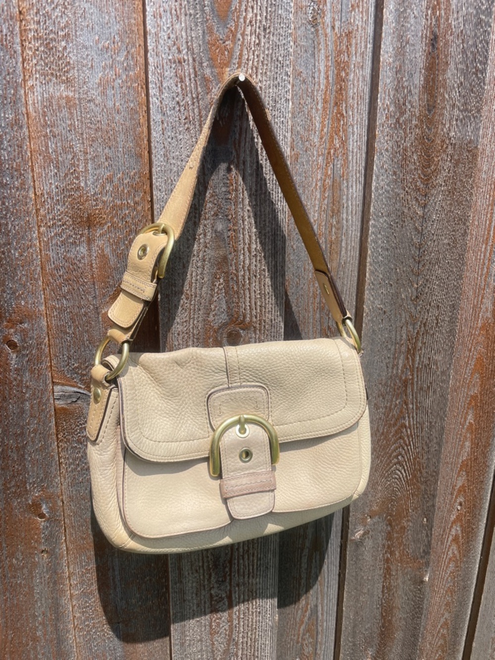 Coach Cream Leather Shoulder Bag with Gold Buckle